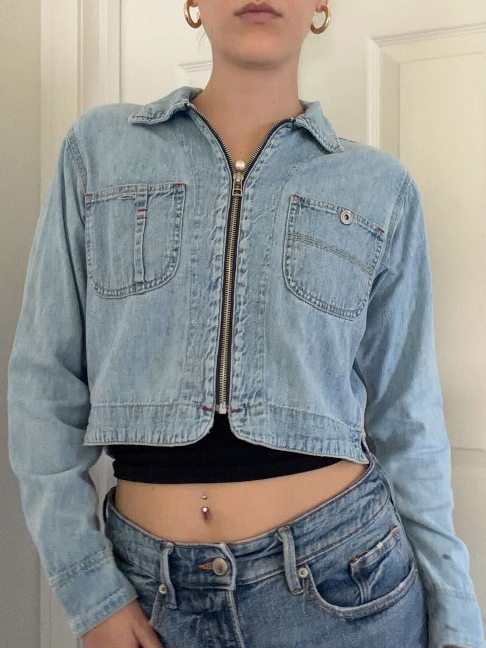 Vintage Cropped Light Wash Denim Zip Jacket